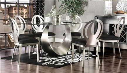 Brand New Silver & Black 7pc Formal Dining Table Set