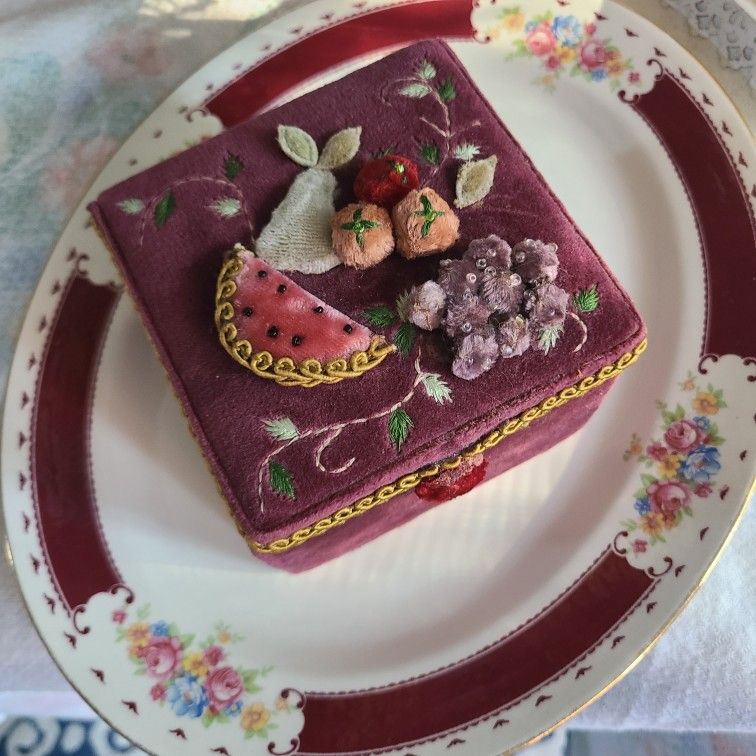 Vintage Velvet Fabric Fruit Jewelry Trinket Box jay stronwater style boho Shabbychic Victorian