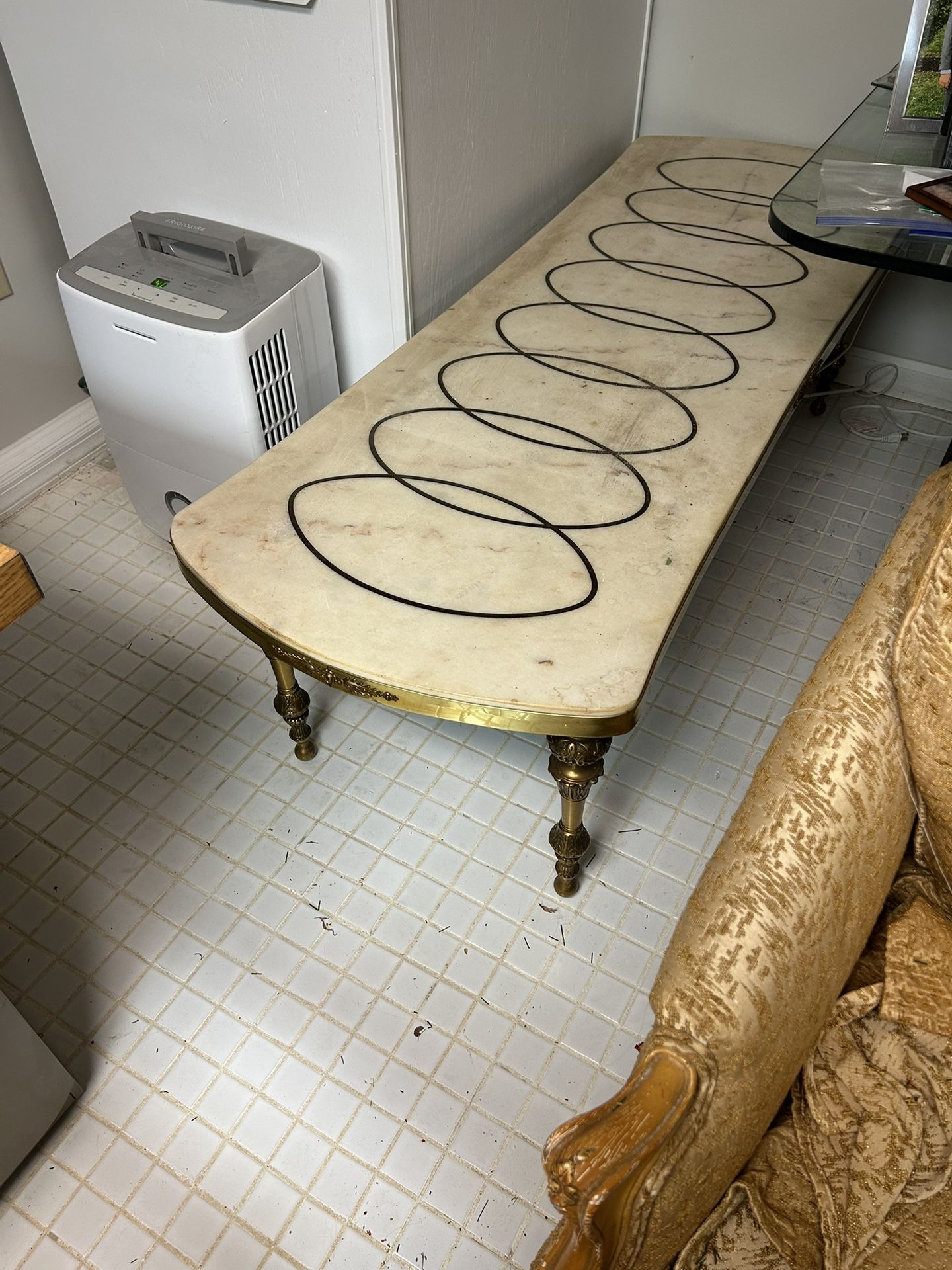 Antique Marble & Real Brass Coffee Table. About 5 Ft long.