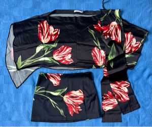 Alice + Olivia  Rita Draped Floral Crop Top and Rubi Micro Miniskirt In the Soft Tulip Black print.