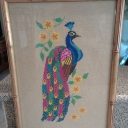 Vintage Peacock Flower Bird Needlepoint Crewel Crossstitch Embroidery Framed Tropical Exotic Art Arts & Crafts 