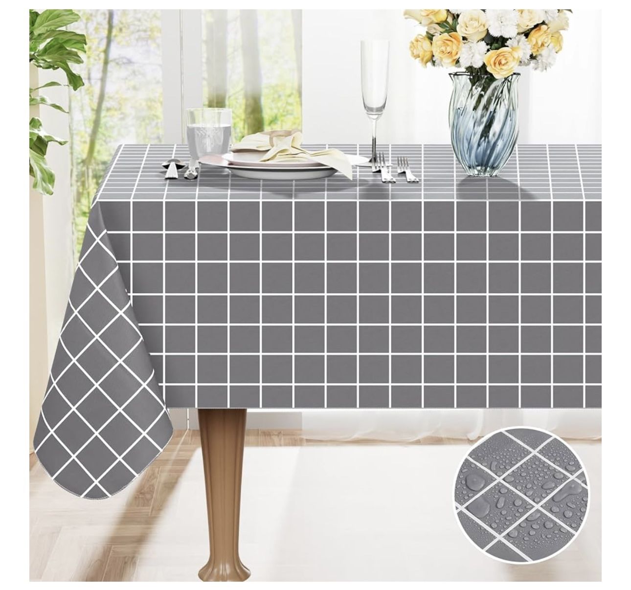 Rectangle Table Cloth, Waterproof Vinyl Tablecloths with Flannel Backing, Wipeable Plastic Plaid Table Cover for Dining, Picnic, Indoor and Outdoor (5