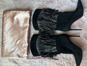 Amina Muaddi Crystal Fringe Black Suede Boots — Size 37