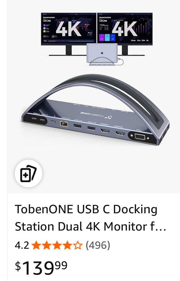 TobenONE USB C Docking Station Dual 4K Monitor for MacBook