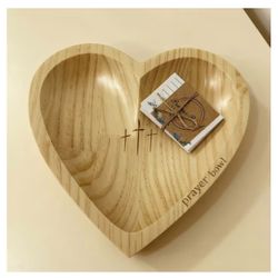 Heart Prayer Bowl with 24 Cards - Christian Heart Shaped Wooden Dough Bowl for Baptism, Handcrafted Religious Gift for Thanksgiving/Christmas/Wedding/