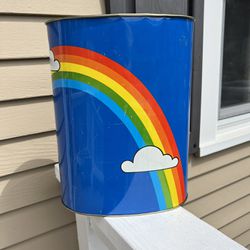 Vintage 1980s Cheinco Blue Rainbow Metal Wastebasket 10.75" x 13" USA