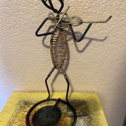 Rattan & Black Metal Wire Sculpture Candle Holder