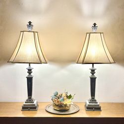 Pair of Vintage Brass & Marble Lamps – Fully Staged, 37" – Classic Architectural Elegance