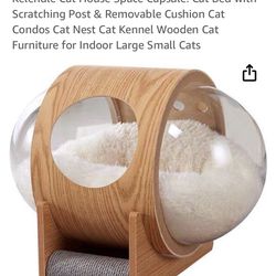 Kelendle Cat House Space Capsule: Cat Bed with Scratching Post & Removable Cushion Cat Condos Cat Nest Cat Kennel Wooden Cat Furniture for Indoor Larg
