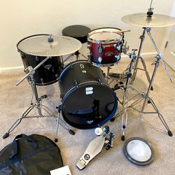 Compact drum set 18” bass 13” snare snare 10”PDP FS birch tom DDRUM Diablo 15” floor Tama hihat PDP throne bass pedal new quiet cymbals & all stands $
