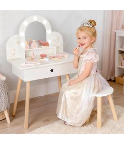 Kids Vanity Set for Little Girls with Touch-Button 3-Color Light Mirror, Wooden Pretend Play Makeup Table with 11 Accessories, Toddler-Sized Beauty De
