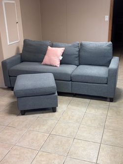 Gray Fabric Sofa with Ottoman