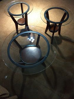 Two end tables and one coffee table end tables 22 inches diameter coffee table is 34 inches diameter.