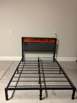 Modern Bed Frame w/ Upholstered Headboard, LED Lights & Charging Station