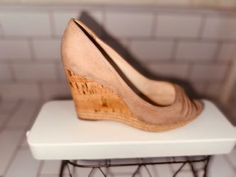 Prada Nude Suede Cork Wedge Heels