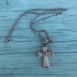 Vintage Sterling Silver Signed  Cross Pendant Pink Stone On 18” Silver Chain 