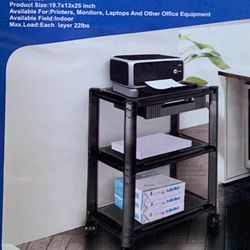 Height-Adjustable Deskside Printer Cart, Plastic, 3 Shelves, 1 Drawer, 60 lb Capacity, 20" x 13.25" x 24.5", Black