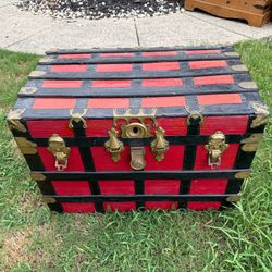 Vintage Red & Black Steamer Trunk – Ornate Brass Hardware