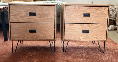 Two matching oak veneer nightstands