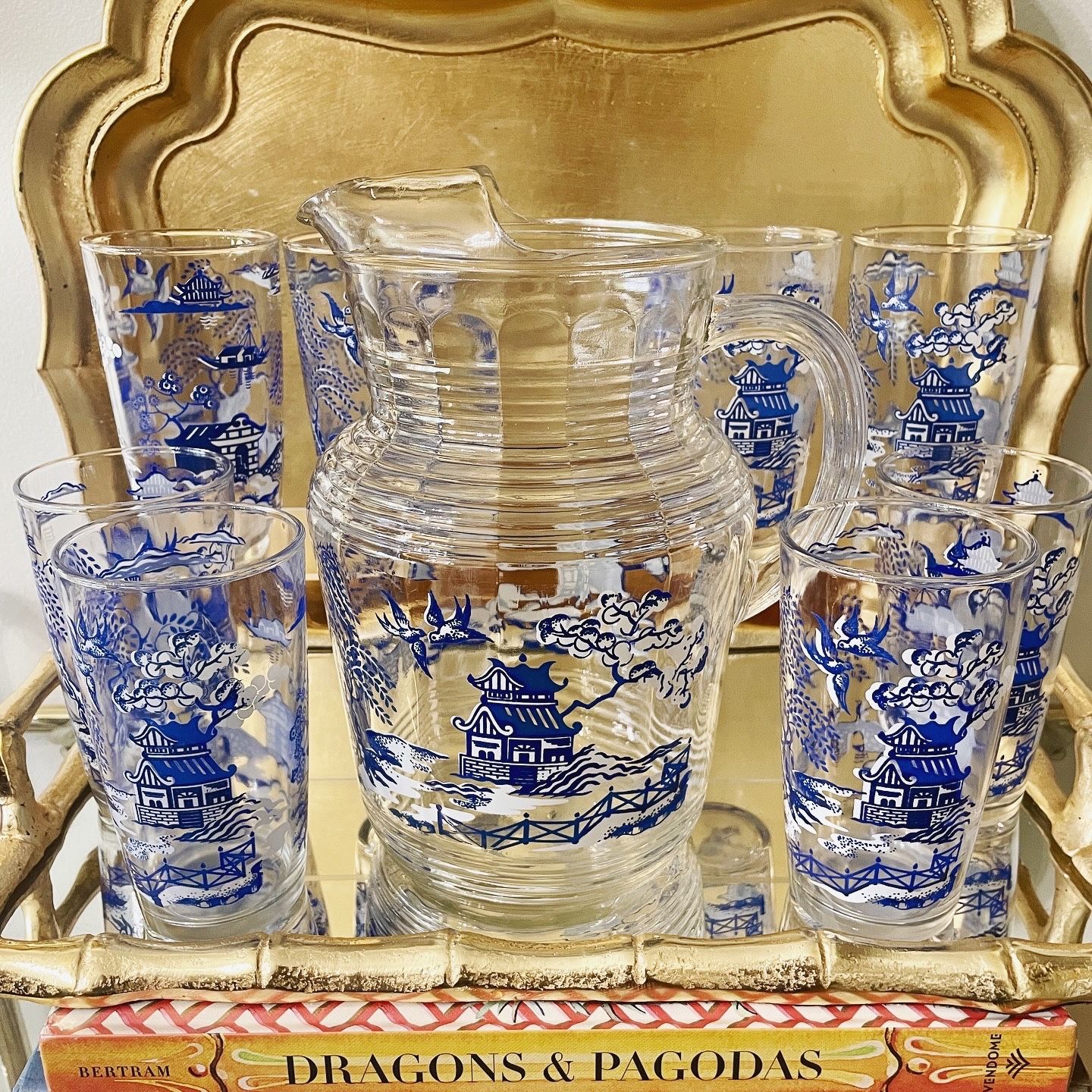 RARE Vintage Blue Willow Glass Pitcher and 8 Glasses Serving Set (9 Pieces Total)