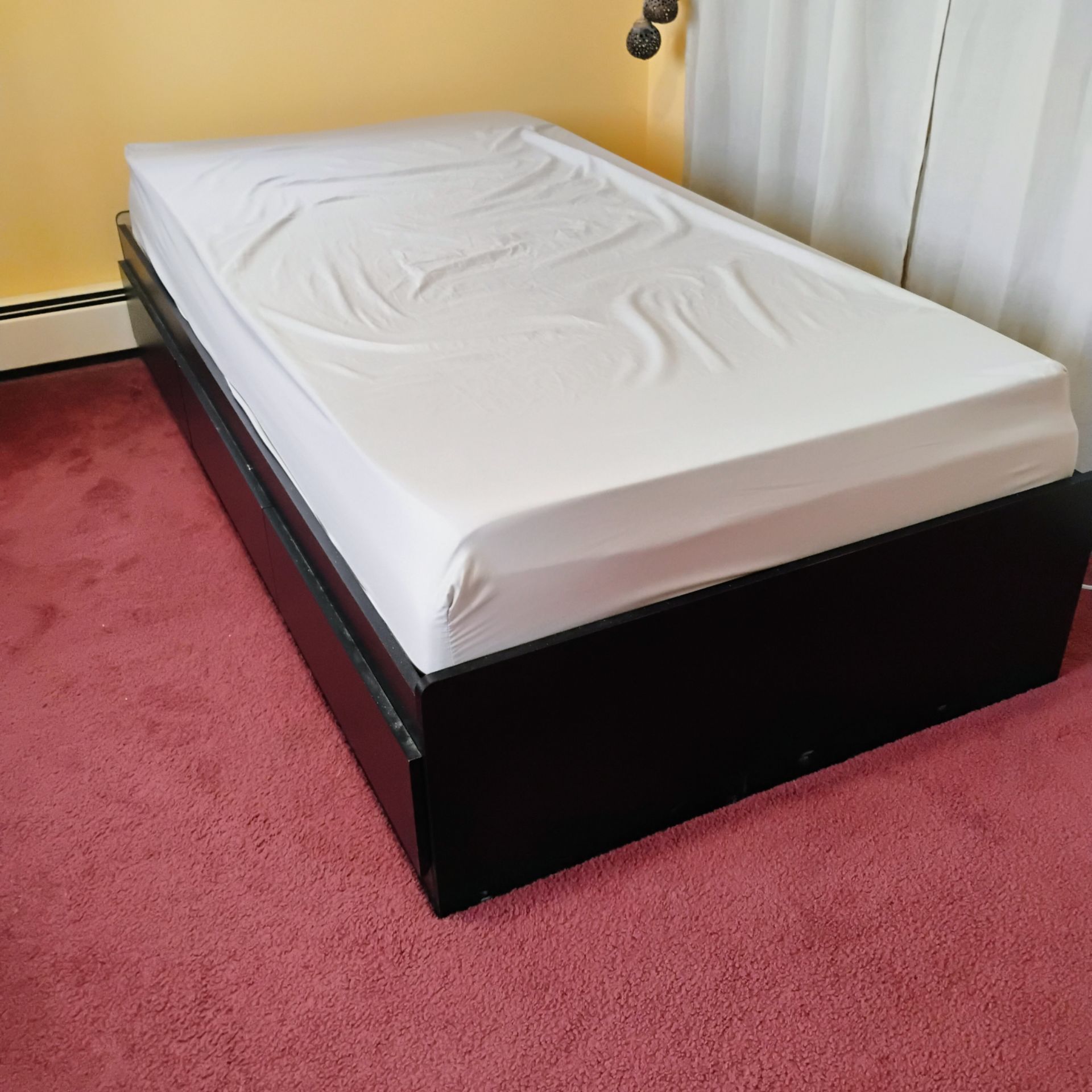 Twin bed frame with drawers, memory foam mattress and gel memory foam mattress topper