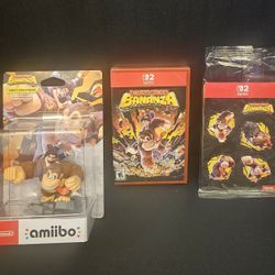 Brand New and Sealed - Donkey Kong Bananza + Amiibo + Promo Sticker Set