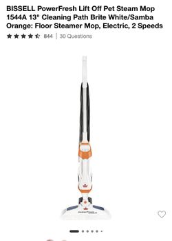 BISSELL PowerFresh Lift Off Pet Steam Mop 1544A 13" Cleaning Path Brite White/Samba Orange: Floor Steamer Mop, Electric, 2 Speeds