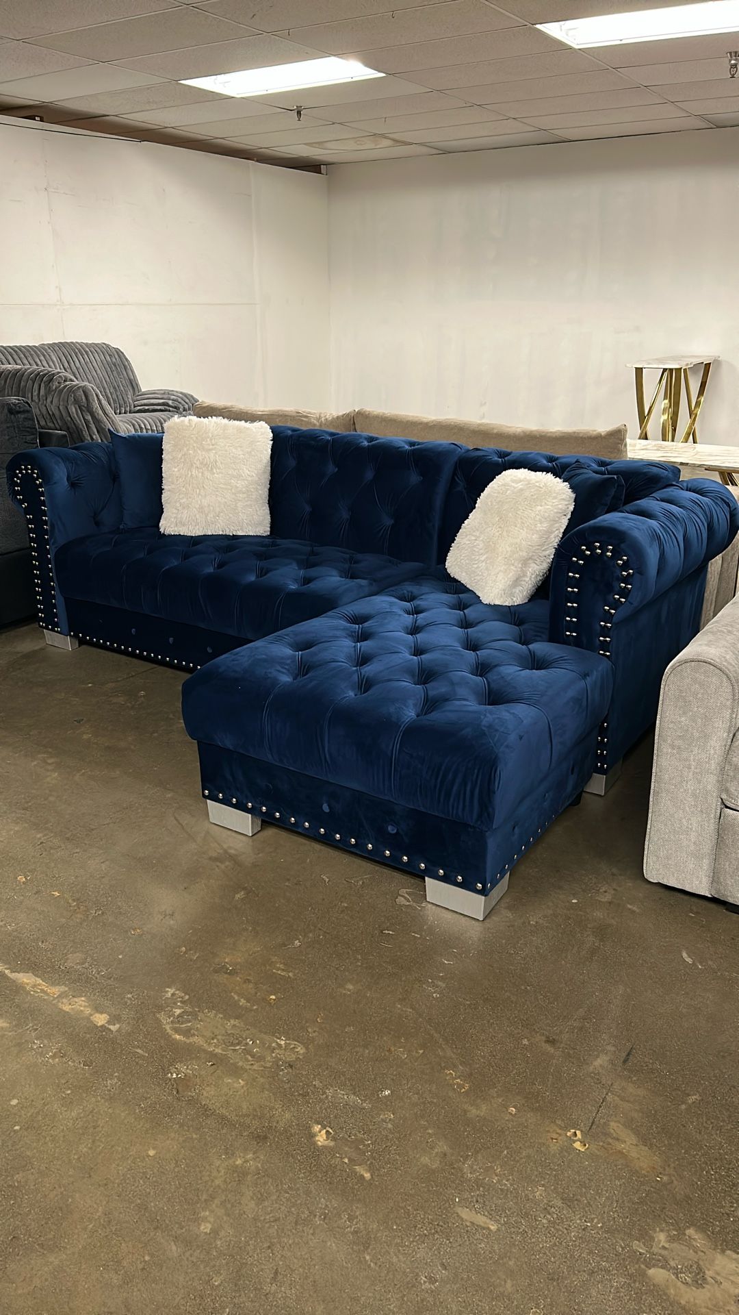 Navy Blue Velvet Sofa Chaise Sectional Floor Model Sale!