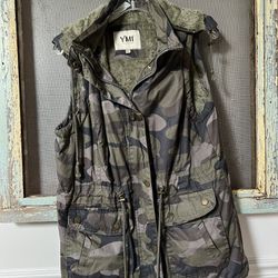 Camo Green Hooded Vest  By YMI. Size Junior XL; Faux Fur Lined full zippered & snap closure. Women’s Vest By Max Jeans. Size XL; 