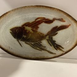 Vintage Art Glass Koi Fish Serving Plate Platter Made in Isreal 13.5” long x 8.25” wide