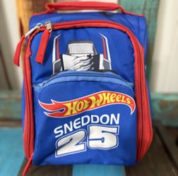 Hot Wheels Sneddon 25 Blue Insulated Lunch Box Bag Zip Lid Car Print Backpack