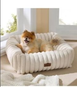 Bedsure ComfyFleece® Cute Dog Bed for Small Medium Dogs Washable,25in Cream | Furry Puppy Beds,Square Rectangle Orthopedic Corduroy Aesthetic Pet Beds