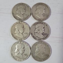 Lot of 6 Franklin Silver Half Dollars Various Dates Listed