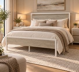 Queen bed Metal Platform Bed Frame with Wooden Headboard and Footboard, No Box Spring Needed, Large Under Bed Storage, Heavy Duty Slats Support, White