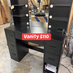 Black Vanity With Mirror And Lights Missing One Drawer See Photo 