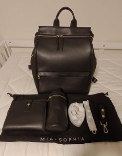 MIA + SOPHIA Leather Diaper Bag Backpack with USB Charging port, Changing Pad, Stroller Straps, and Bottle Holder Black