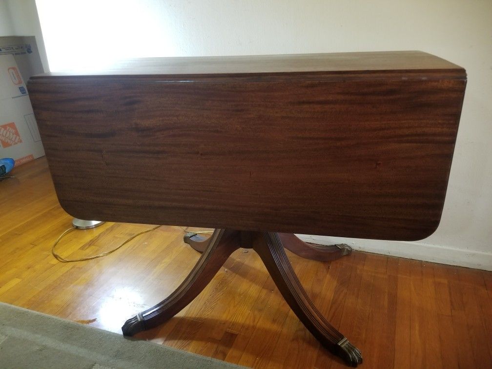 ANTIQUE LION HEAD MAHOGANY DROP LEAF TABLE, METAL CLAW FEET TIPS