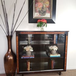 Carved Oriental Bookcase With Glass Sliding Doors And 3 Shelves