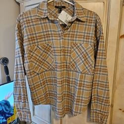 Forever 21 Plaid Taupe & Brown Button Down Shirt Sz S NWT