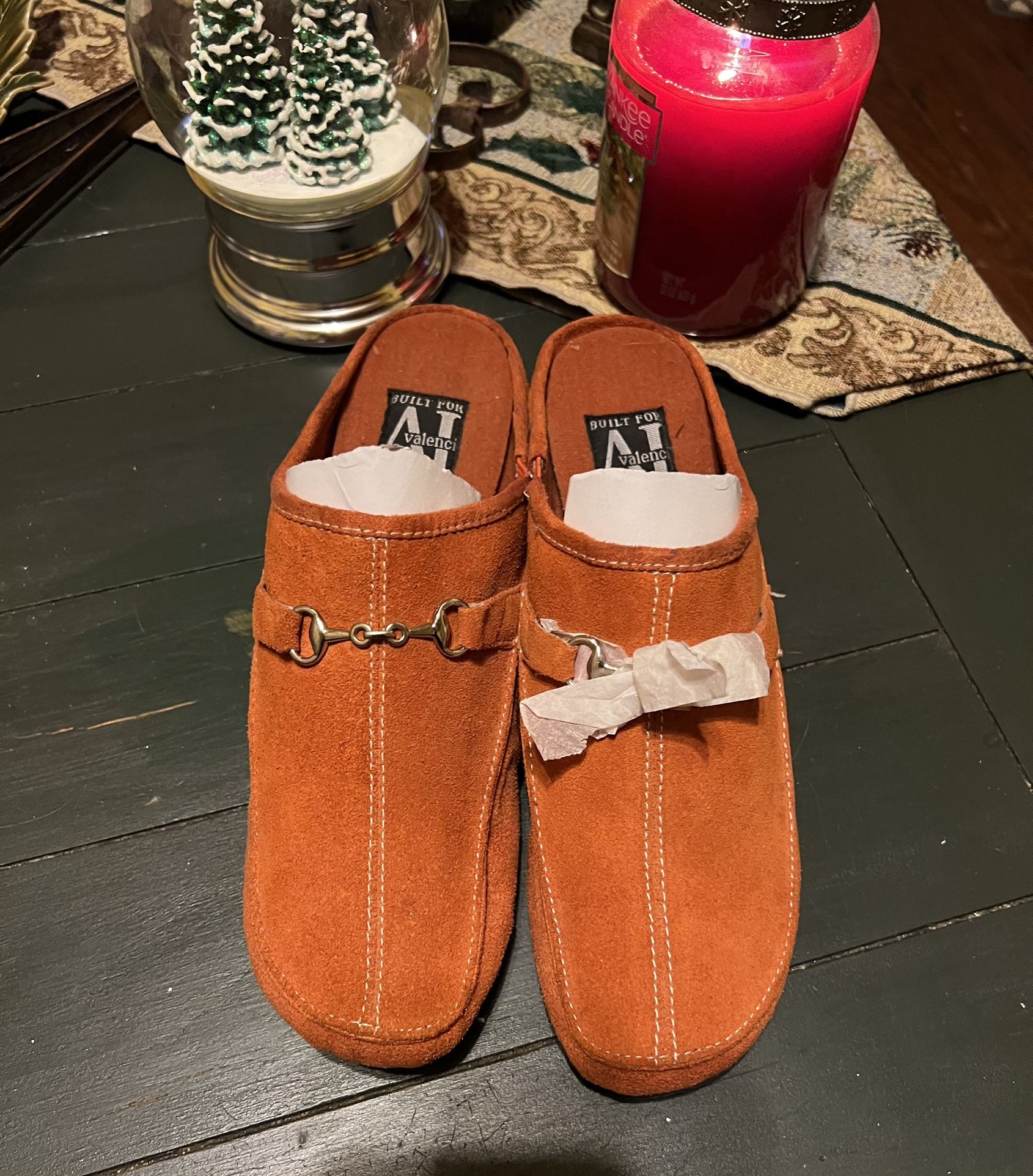 New, Never Worn AJ VALENCI Burnt Orange Suede Wedge/Mule - Size 8