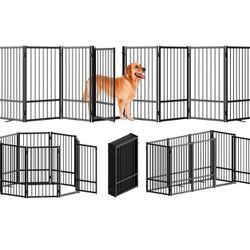 Full Metal Freestanding Dog Gate with Door, 32''Height Foldable Pet Dog Fence 8 Panels