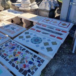 Concrete Mosaic Straight Benches / Cement Backyard Garden Patio Bench / Outdoor Patio Furniture