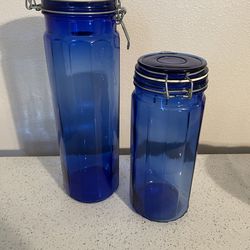 Vintage Cobalt Blue Glass Clamp Lid Canister Jars Glass Storage