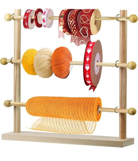 SAVINA Ribbon Organizer - Wooden Ribbon Rack Holder for Sewing Craft,