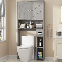 Over the Toilet Storage Cabinet, Bathroom Shelf Organizer 65.4" Barn Doors Bathroom Cabinet with Toilet Paper Holder, Adjustable Shelf and Anti-Tip De