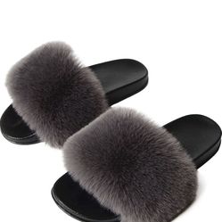 size 8 Women Faux Fur Slides Slippers Sandals Furry Slippers Fluffy Flat Sandals House Casual Slides Outdoor Fluffy Comfy Sandals