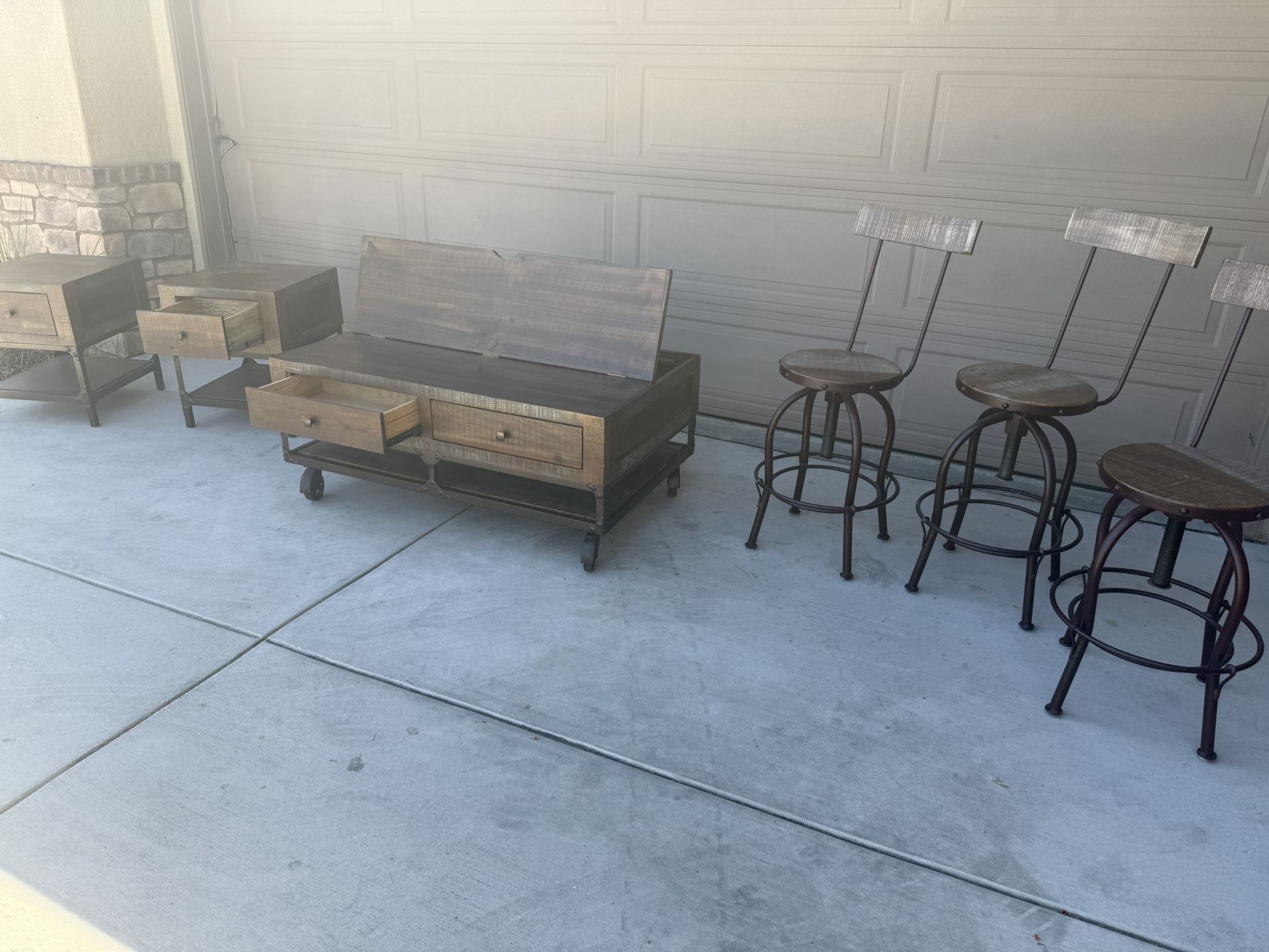 Wood Table, 2 End Tables, 3 Barstools 