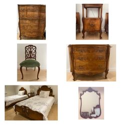 Antique bedroom set with 2 full size beds nightstand 2 dressers mirror and vanity chair
