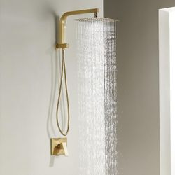 Brushed Gold Shower System with 10Inch Rain Shower Heads with Handheld Spray Combo, Gold Shower Faucet Set with Rain Shower and Handheld, Gold Shower 