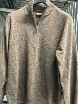 PERRY ELLIS All Cotton Quarter Zip Pullover Mock Neck in Heathered DARK BROWN - Large (L) - Never Worn, Like New!